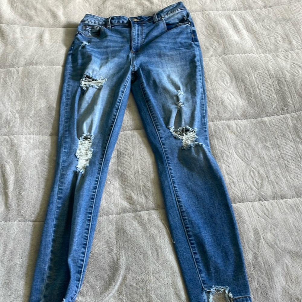 JustFab Blue Distressed High Rise Jeans